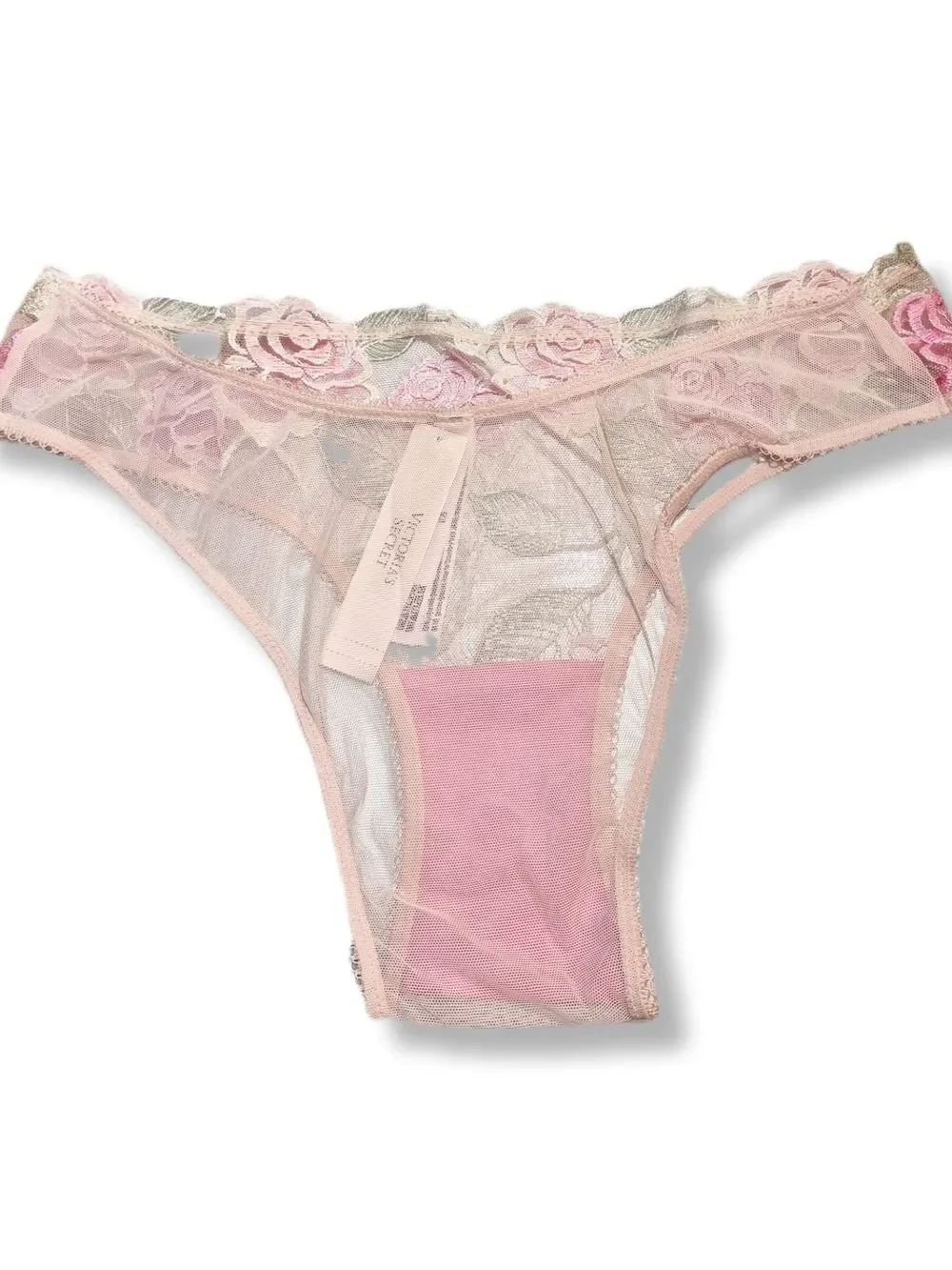 Victoria's Secret Pink Floral Lace Thong with Rose Appliqué